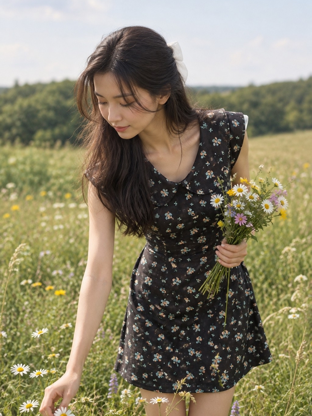 Navy Floral Cap-Sleeve Mini Dress with Peter Pan Collar